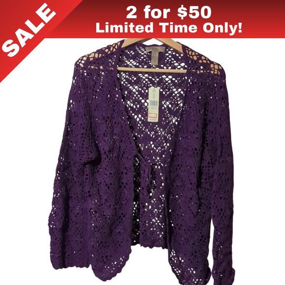 [Sale: 2 for $50!] NWT Purple Crocheted Tie-Front Cardigan,  i.e. Woman, 2X 0034 - Picture 1 of 9